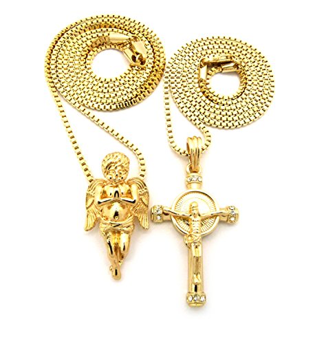 Gold Tone Micro Angel, Jesus Cross Pendant 24