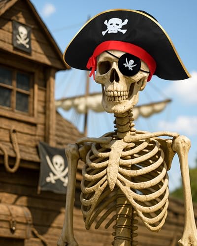 Cozypower 2 Pcs 12 ft Skeleton Halloween Pirate Accessories Giant Pirate Theme Decoration Include Eye Patch One Eye and Large Hat Set for Garden Lawn Outdoor Festive Skeleton Clothing Decor