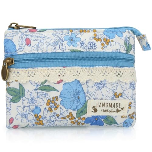 Image of Women Small Zipper Coin Purse, Handmade Fabric Flower Embroidered Change Pouch, Cotton Double Zipper Wallet