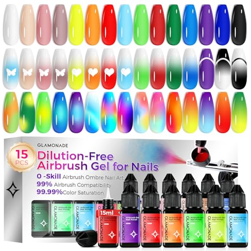 Glamonade Airbrush Gel Nail Polish: No Mixing No Clogging Pre-Mixed Airbrush Nail Paint 15 Colors High Pigment Smooth Spray for Ombre French Gradient Nail Art Beginner DIY