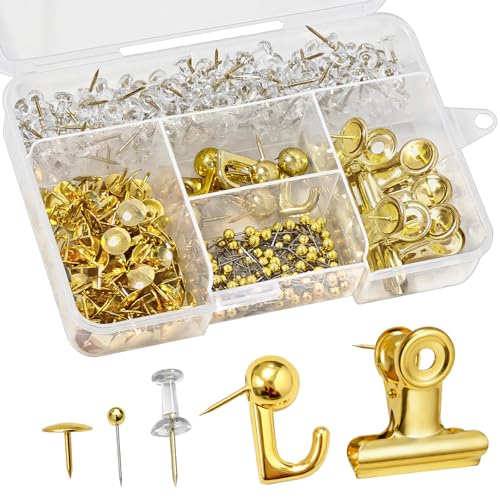 310 Stück Pinnadeln Reißnägel, Bulldog Clips with Push Pins, Daumen Tacks Haken, 5 Verschiedene Arten von Reißzwecken für die Wand, Korkplatte, Fotos, Tags, Korkplatte, Bulletin Board (Gold)