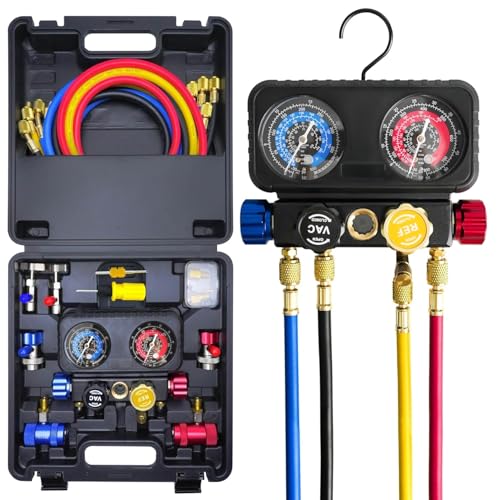 CALPOSE R1234yf AC Gauge Set, 4 Way AC Manifold Gauge Set for R1234yf R134a R404a Refrigerant, 4 Valve Manifold Gauge Set with 5FT Hoses，Anti-Collision Dials Provide More Accurate Reading