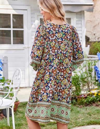 Image of Bluetime Women Casual Summer Dress Boho V Neck 3 /4 Sleeve Babydoll Floral Print Flowy Beach Dress