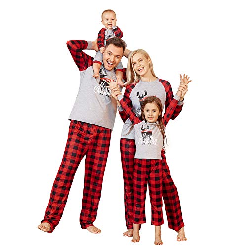 Mumetaz Matching Family Christmas Pajamas Sets PJ's with Deer Letter Santa Printed Plaid Pants Outfit Loungewear