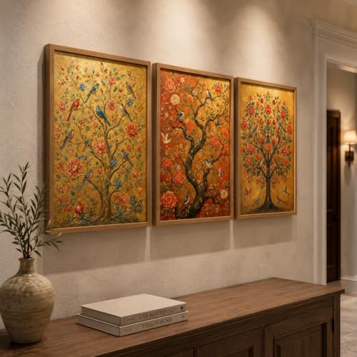Image of Artify Set of 3 Floral Tree Birds Wall Painting for Living Room Bedroom Study Office Decor, Premium Wooden Synthetic Frame Luxury Artwork Gift