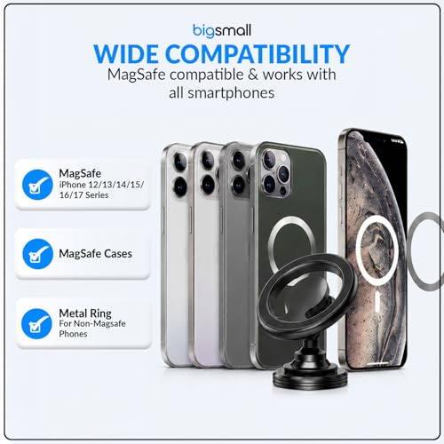 Image of Bigsmall MagSafe Compatible Car Mobile Holder Magnetic Dashboard Phone Mount with 360 Rotation | Strong Magnet Car Phone Stand for iPhone & Smartphones | Black (Pack of 1)