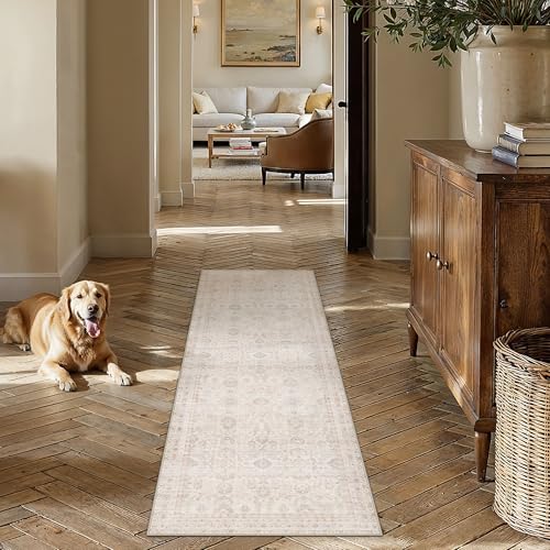 2x6 Washable Neutral Hallway Runner Rug Kitchen Beige Modern Low Pile Non Slip Area Rug Soft Floral Stain Resistant Carpet Distressed Door Mat Entrywa