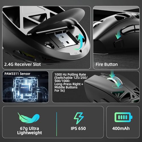 Image of Aula SC620 Wireless Gaming Mouse, Tri-Mode 2.4GHz /USB-C /BT5.3 Computer Mouse with 12000 DPI, Programmable Macro Gamer Mouse with Rapid Fire Key, RGB Light Gaming Mice for PC /Laptop /Mac(Black)