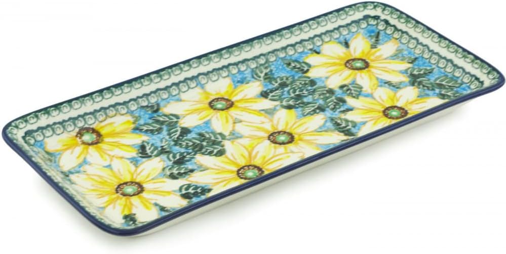 Polmedia Polish Pottery Platter 13-inch UNIKAT - Black Eyed Susan Pattern Handmade in Boleslawiec Poland by Ceramika Artystyczna + Certificate of Authenticity