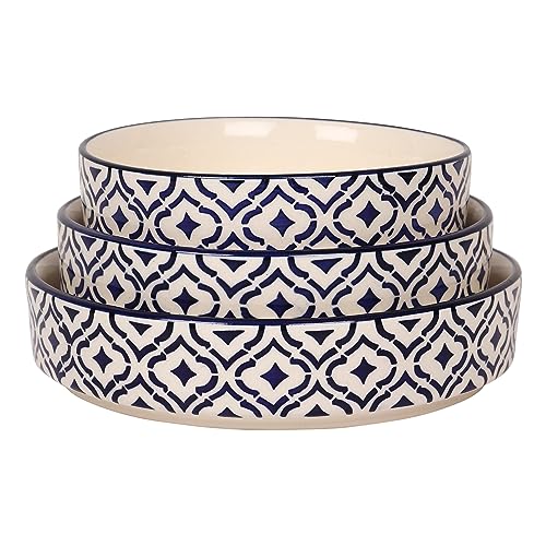 Image of QIMACPLUS Ceramic Salad Tray Bowl Deep Dish Bowl Salad Plate Serving Snacks Tray Set of 3 Snacks Salad Bowls (Dark Blue Colour Print)