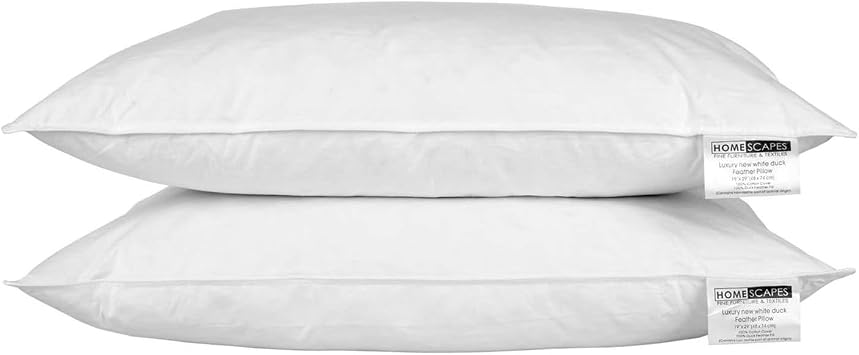 HOMESCAPES - White Duck FEATHER Pillow PAIR - Department Store Quality - Anti Dust Mite - Washable - Medium/Soft Firmness - 100% Cotton Downproof Cover - RDS Certified