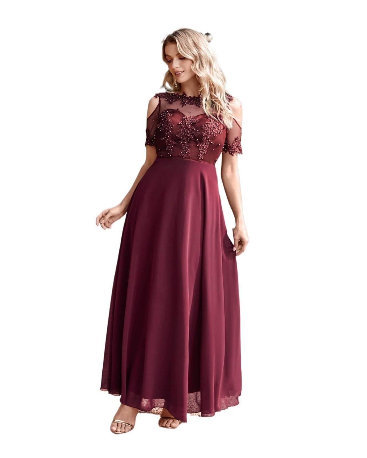 Vestido Dama de Honor Vestido de Dama Honor con Cuentas Perlas, ilusión Manga Corta, Bohemio, for Fiesta Boda, Vestidos Invitados Gasa, Corte A for Mujer para la Boda
