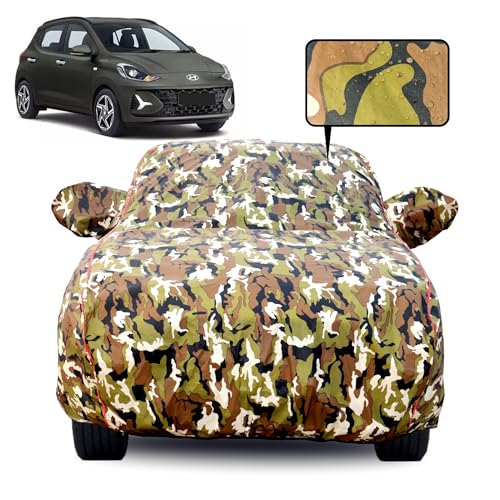 Image of Waterproof Car Body Cover for Hyundai Grand i10 Nios with Mirror Pocket, Soft Cotton Lining, Triple Stitched, Full Bottom Elastic (Heat Resistant Jungle Print with Red Piping)