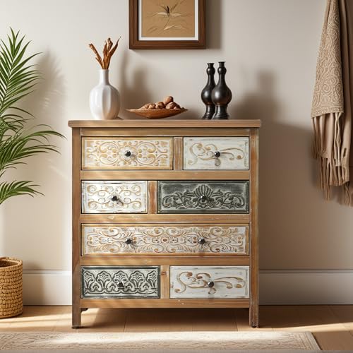 Image of Vintage Carved 7-Drawer Storage Cabinet, Solid Wood Accent Cabinet with Doors for Living Room, Kitchen, Dining Room, 33 Inch Tall, Natural Wood Brown
