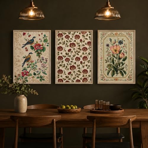 Image of Artify Set of 3 Vintage Bird Floral Wall Paintings for Living Room Dining Bedroom Decor with Premium Wooden Color Synthetic Frame
