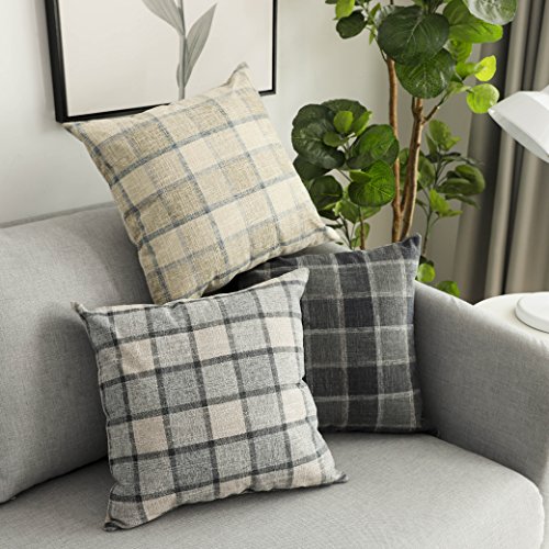Pack Of 2, Ugasa Thanksgiving Classic Retro Checkered Plaids Cotton Linen Soft Decorative Square Throw Pillow Covers Home Decor Design Cushion Case For Sofa, 18X18Inch, Light Grey + Blue #TOP4