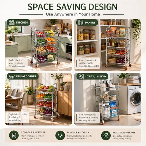 Image of MIKANIX Stainless Steel Vegetable & Fruit Storage Rack with Wheels, Kitchen Storage Basket Organizer, Rust Proof Stand for Onion, Potato, Fruits & Vegetables Trolley (4 Rack & 8 PARTITION)
