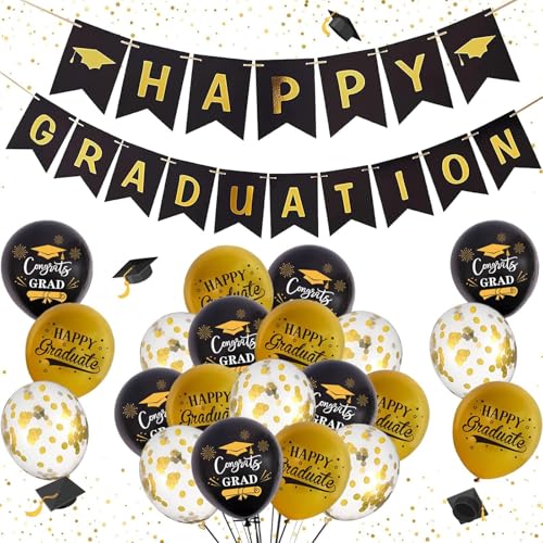 Happy Graduation Decorations 2026 Black and Gold Graduation Banner Graduation Balloons 2026 Graduation Party Decorations Supplies 2026