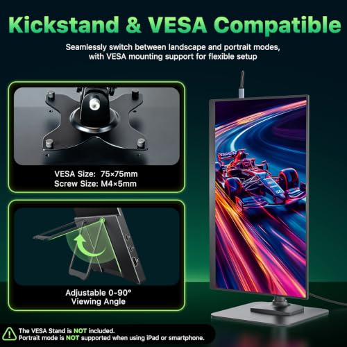 Image of Upperizon Portable Monitor 19 inch 4K UHD 3840X2160 125% sRGB 144Hz HDR HDMI USB-C Travel Monitor for Laptop MacBook PC Surface Xbox, Large External Display with Kickstand & Speakers, VESA Compatible