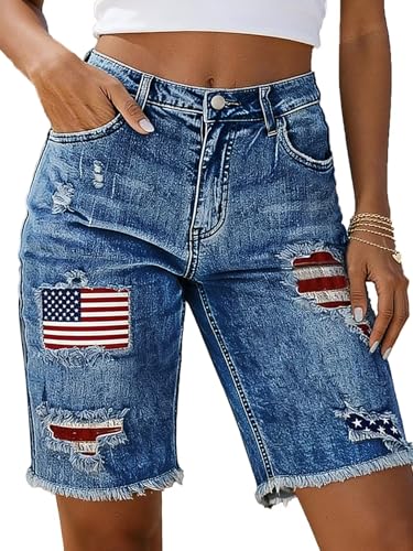 Flamingals Mid Rise Denim Bermuda Shorts for Women American Flag Patched Ripped Raw Hem Knee Length Trendy Jean Shorts Mid Blue L