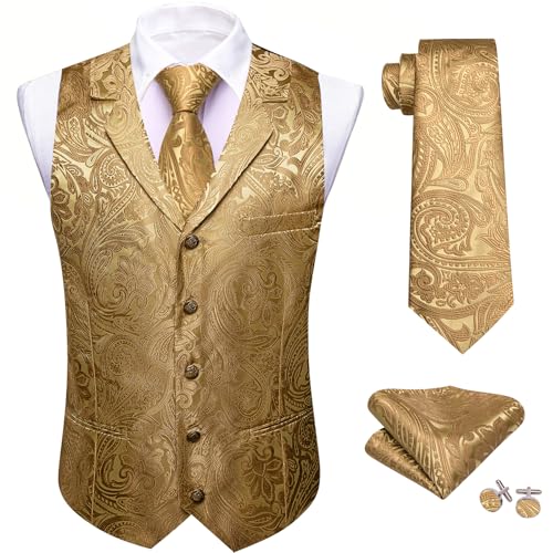 Image of Barry.Wang Mens Silk Lapel /Shawl Collar Vest Tie Sleeve Holder Set Formal /Casual Paisley Vests Wedding Tuxedo Waistcoat