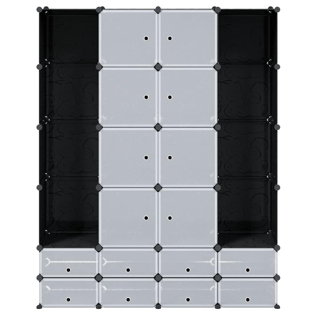 Modularer Schrank mit 18 Fächern schwarz weiß 37x146x180,5cm vielseitiger Stauraum für Schlafzimmer Kinderzimmer Flur Organizer mit Schubladen und Kleiderstange