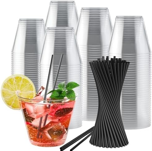 Vasos de plástico transparente con pajitas, paquete de 400  Vaso transparente  Vasos de plástico de 9 onzas desechables  Vasos de plástico  Copas de