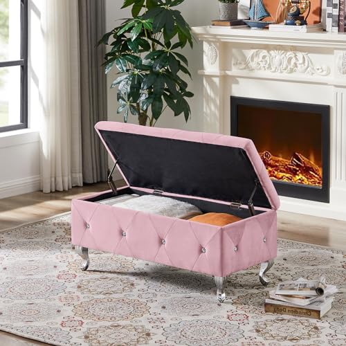 anwickjeff Storage Bench for Bedroom End of Bed Rolled Armed Velvet Button Tufted Storage Bench Sofa Stool with Nailhead, Long Storage Bench Window Sitting Fireplace Entryway Living Room (Pink)