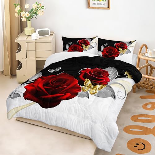 Image of AILONEN Black and White Comforter Set Queen Size,Romantic Red Rose Bedding Set for Room Decor,Couple Love Soft Microfiber Duvet Set 3 Piece,Lightweight Comforter with 2 Pillowcases