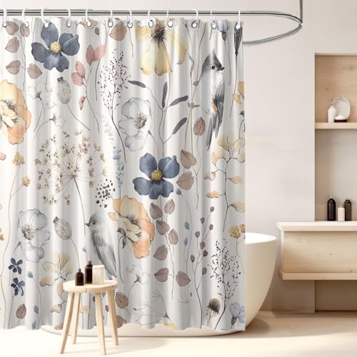 Image of Flower Floral Shower Curtain, Watercolor Wildflower with Botanical and Birds Fabric Shower Curtains Set, Boho Plants Shower Curtains with Hooks, Minimalist Bthroom Decor 72x72inch