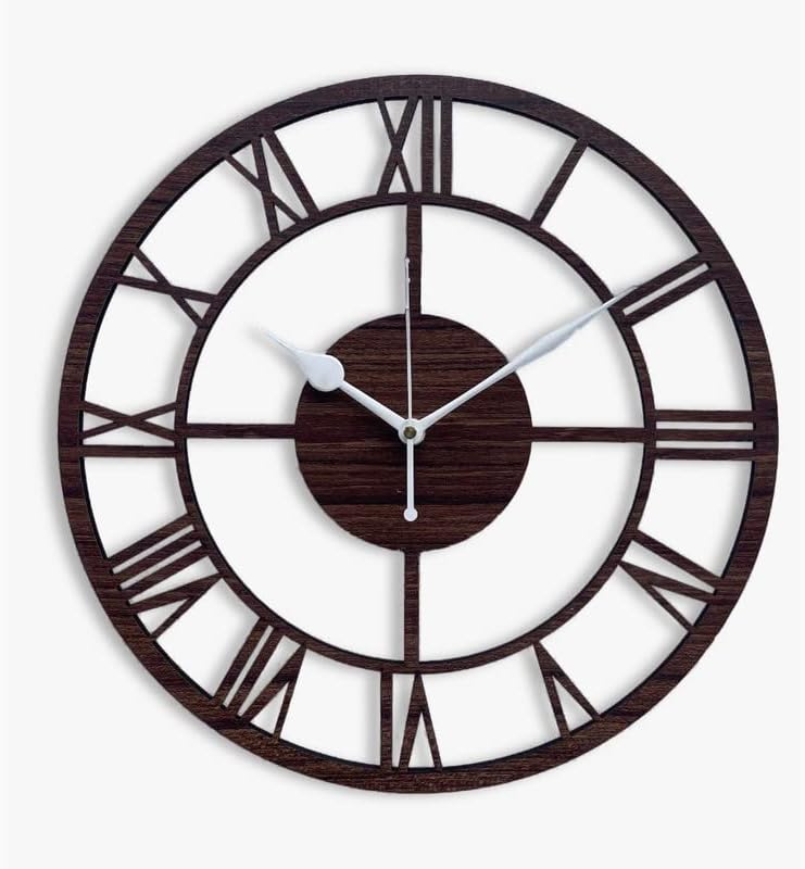 AUROMIN ; THE ART OF INGENUITY Roman Antique Design Wooden Analog Wall Clock For Living Room, Bedroom Stylish Big Size Wall Watch (Dark Brown, 30 Cm)