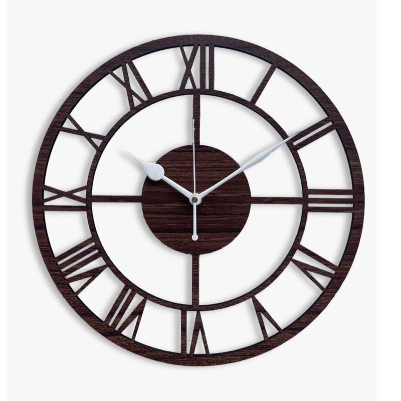 AUROMIN ; THE ART OF INGENUITY Roman Antique Design Wooden Analog Wall Clock For Living Room, Bedroom Stylish Big Size Wall Watch (Dark Brown, 30 Cm)