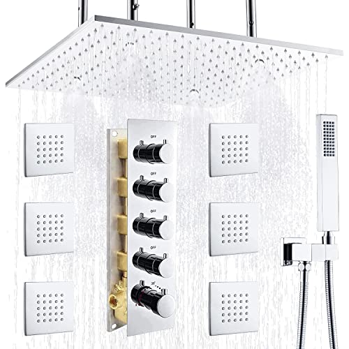 Luxury Spa Rainfall Mist Shower System - 2-Functions 20Inch Led Rain Shower With Handheld And Full Body Jets Sprayers, Thermostatic Shower Faucet Sets Complete Modern Bathroom, Chrome #TOP19