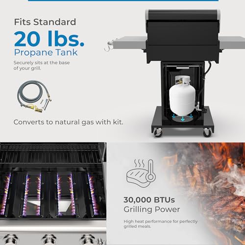 Kenmore 3-Burner Propane BBQ Grill, 30,000 BTUs Gas Grill with Cast Iron Cooking Grates, Folding Side Tables & Wheels, Outdoor Grill with Tool Hooks, Black - image 6