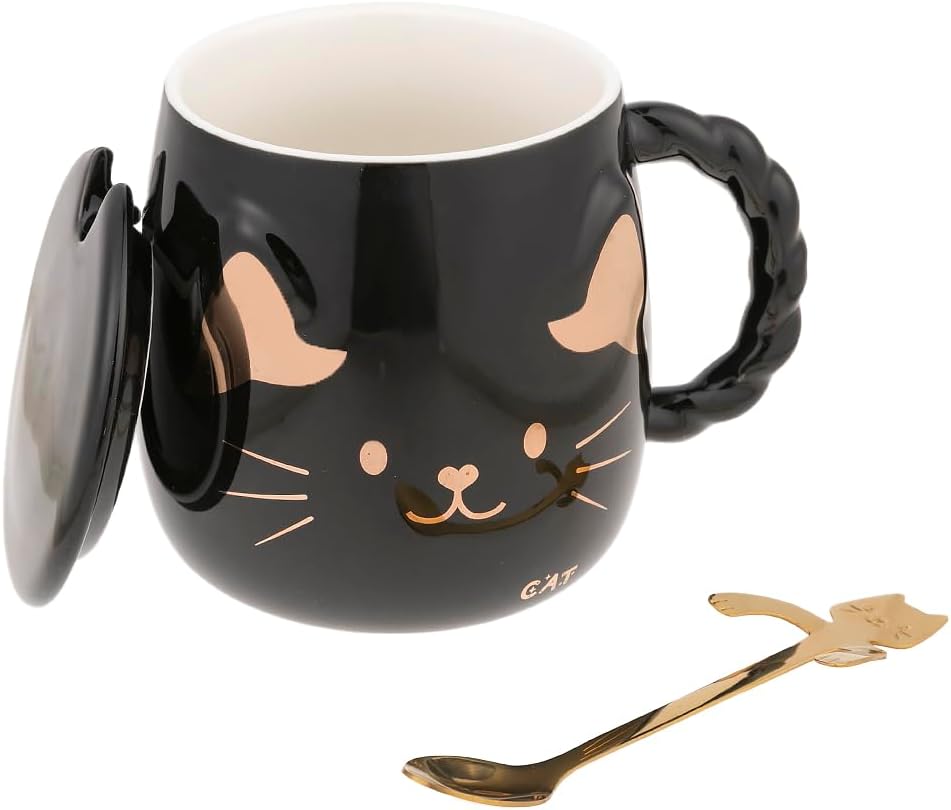 Japanese Cat Porcelain Mug - With Lid & Spoon - 15oz - Breakfast & Relaxation Break - Coffee, Tea, Hot Chocolate - Gift Idea Asia, China, Japan - Black