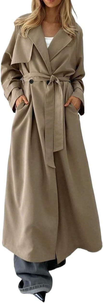 Womens Fashion Trench Outwear Casual Double-Breasted Belted Trench Coat Jacket Coat