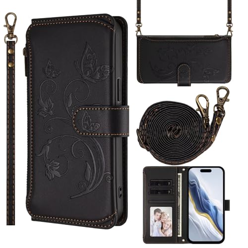 WOWODI Funda Tipo Cartera para Realme C21Y,Funda con Tapa para móvil de Cuero PU con Mariposa y Pulsera con Correa Colgante Ajustable Collar Elegante Carcasa -Negro