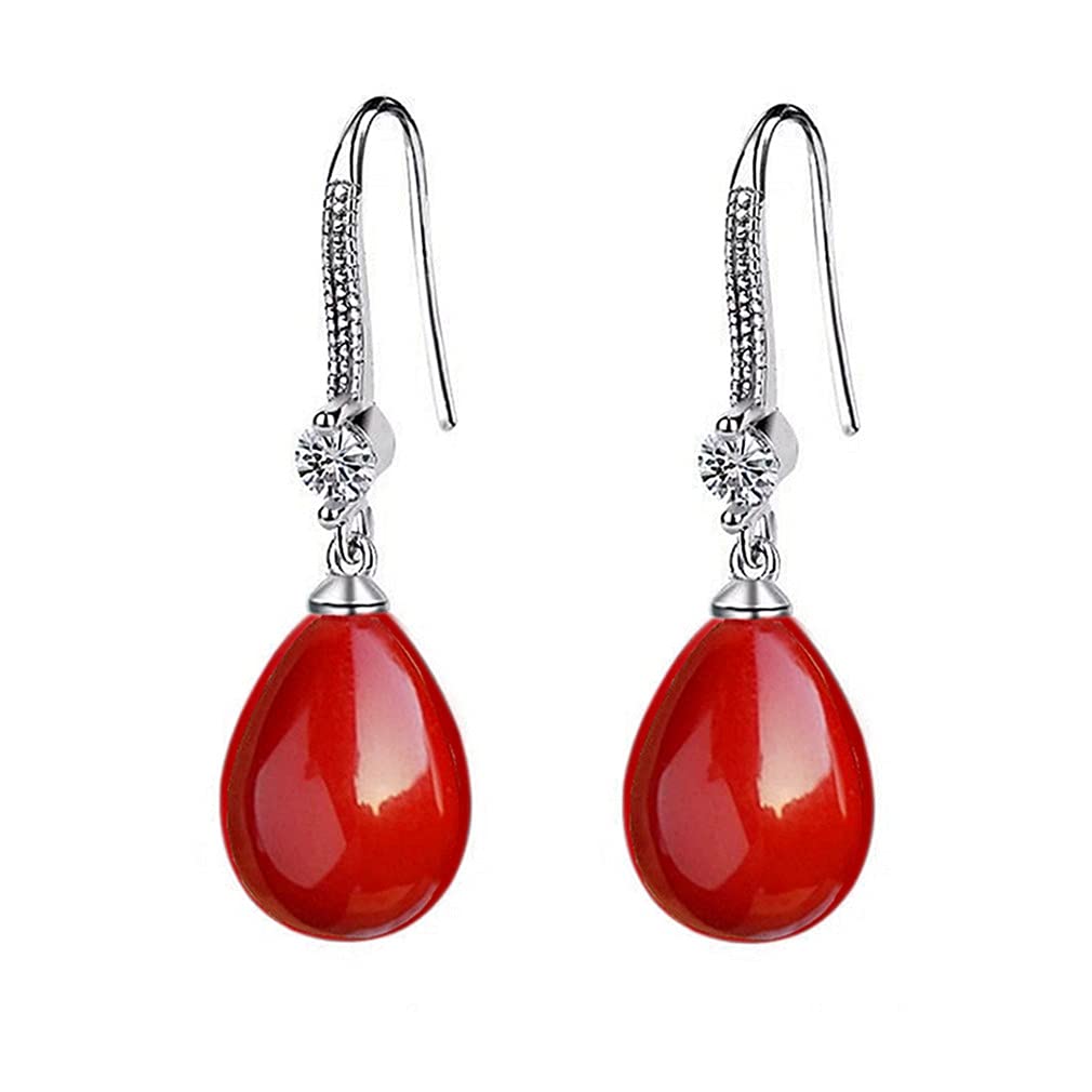 Oivzziy Pendientes de perlas de plata de ley 925 para mujer, pendientes colgantes de perlas roja de gota de agua con diamantes de cristal austriaco