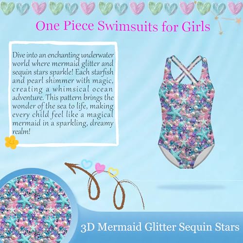 Girls One Piece Swimsuit 3D Sequin Glitter Cross Back Quick Dry Sparkly Bathing Suit for Beach Pool 5-14Y4