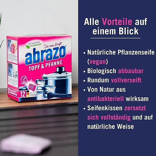 Foto von abrazo Topf & Pfanne - 12 Reinigungskissen für Töpfe, Grill & Backofen, Spülschwamm mit veganer Pflanzenseife, Küchenschwamm, Reinigungsschwamm