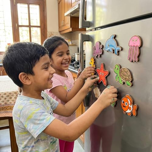 Image of ImagiVibe Paint Your Own 9 Sea Creatures Fridge Magnet DIY Kit for Kids | Ocean Theme MDF Painting Craft Set | Creative Art & Craft Activity | Made in India (Sea Creatures)