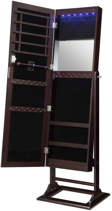 Abington Lane Standing Jewelry Armoire - Lockable Cabinet Organizer Jewelry Storage with Full Length Mirror and LED Lights - (Espresso Finish)