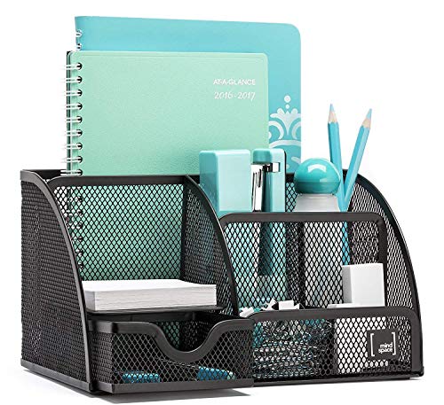 Image of Metal Wire Mesh 6 Compartment Desk Organizer Pencil Holder with Drawer Desk Tidy Stationary Holder