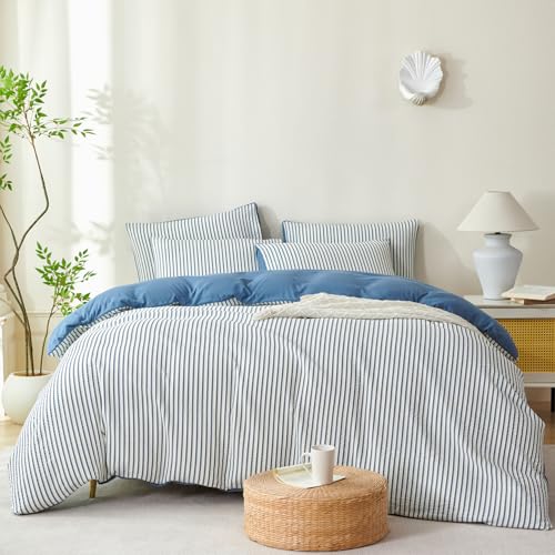 Image of Denim Blue Striped Comforter Set King - 3 Pieces Bedding Comforter Set for All Season, Soft Lightweight Washed Microfiber, 1 Striped Comforter and 2 Pillowcases (Denim Blue, King Size)
