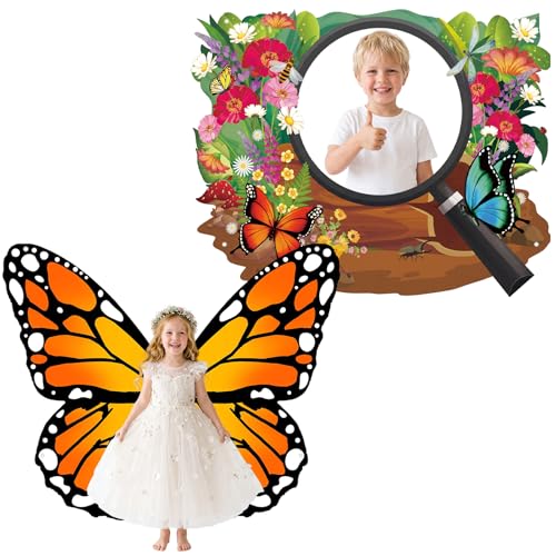 Hahafelt 2 Pcs Rainforest Backdrop Photo Booth Decor Vbs 2026 Monarch Butterfly Wings Magnifying Glass Photo Booth Props Banner Vacation Bible School Classroom Decor for Summer Christian Church Event
