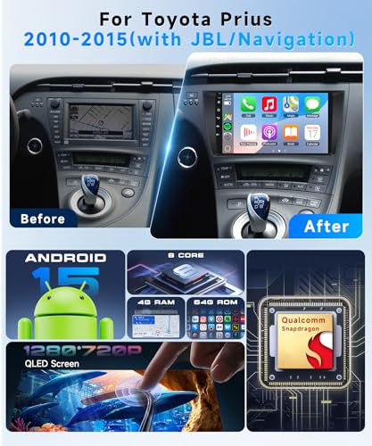 Qualcomm Octa-Core 4G 64G Car Radio Stereo for Toyota Prius 2010-2015(with JBL), Upriding 9-Inch 1280P QLED Touchscreen Radio with Wireless Carplay Android Auto DSP BT5.1 GPS 5GWifi SWC Backup Camera