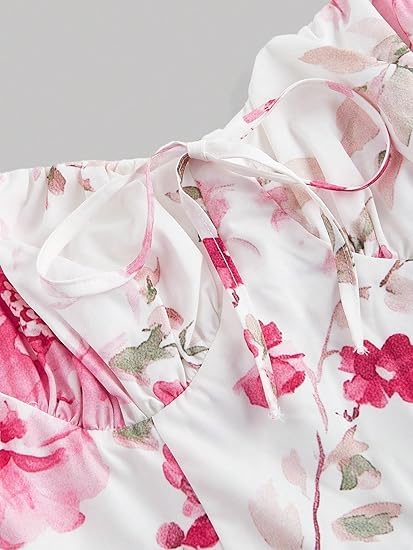 MOD Floral Print Pink Dress with Pleats at Bust, Adjustable Shoulder Straps, Cinched Waist and Flowy3