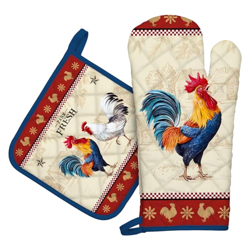 Rooster Oven Mitts and Pot Holders Sets 100 Cotton Heat Resistant Extra Long Oven Gloves Potholder for Kitchen Cooking Baking Housewarming