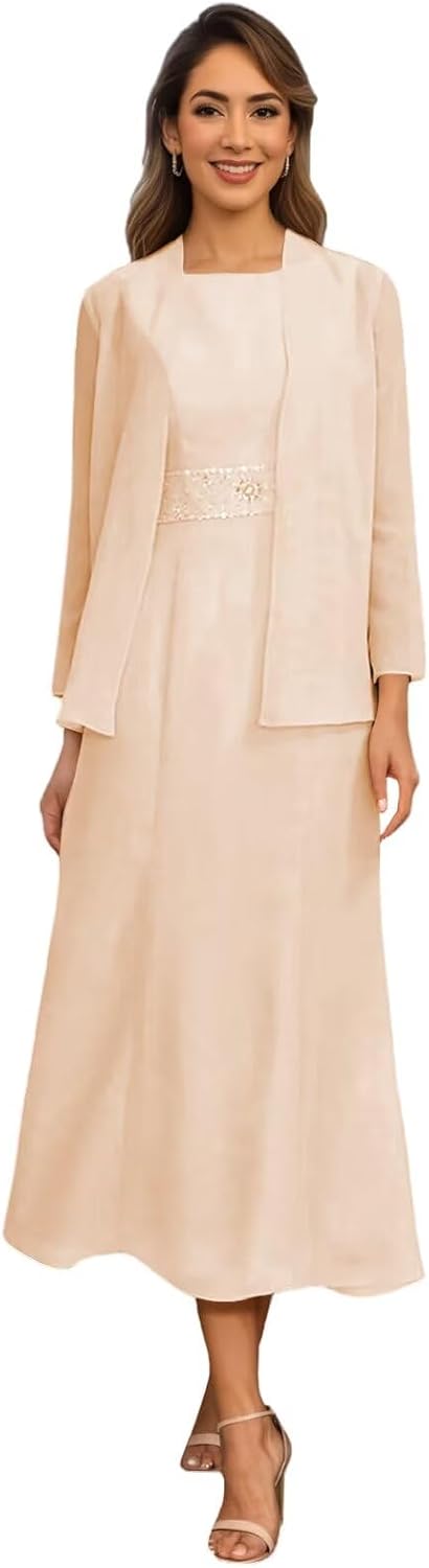 2 Pieces Tea Length Mother of The Bride Dresses Long Sleeve Chiffon Formal Wedding Guest Dress with Jacket