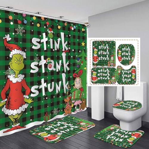 FCFACLZ 4Pcs Merry Christmas Shower Curtain Set - Includes 72x72 Inch Shower Curtain, Bath Mat, Toilet Lid Cover, U-Shaped Rug and 12 Hooks, Xmas Holiday Bathroom Decor